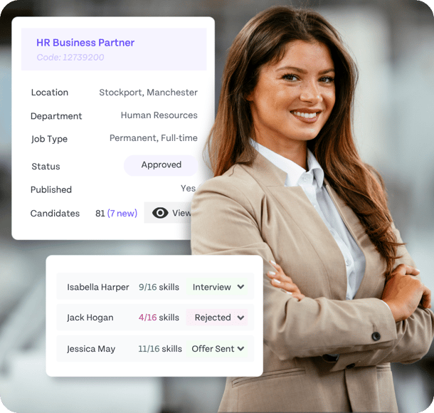 HR business partner dashboard showing candidate pipeline and woman posing in office