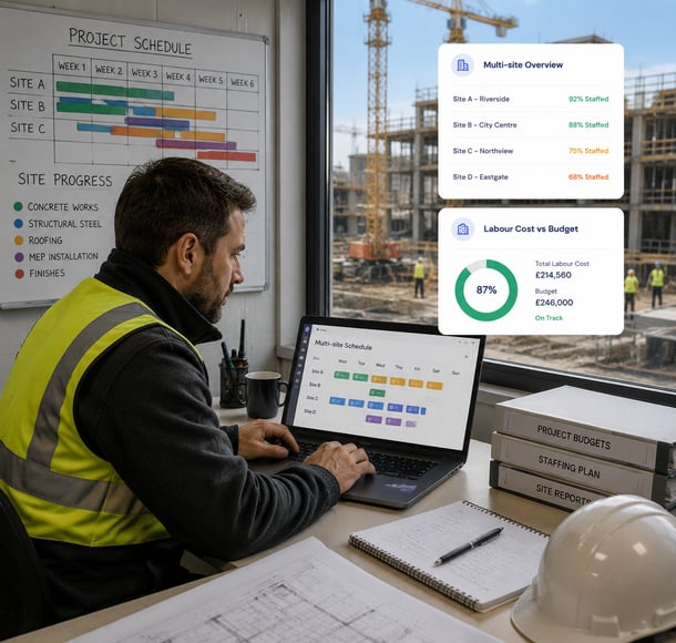 Construction site manager reviewing multi-site schedule and labour cost dashboard on laptop beside building site