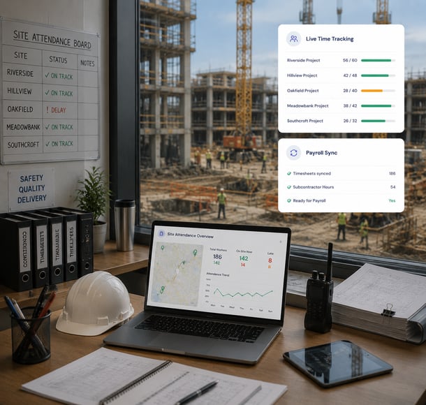 Construction site manager reviewing live time tracking and payroll sync dashboard from office overlooking building site.