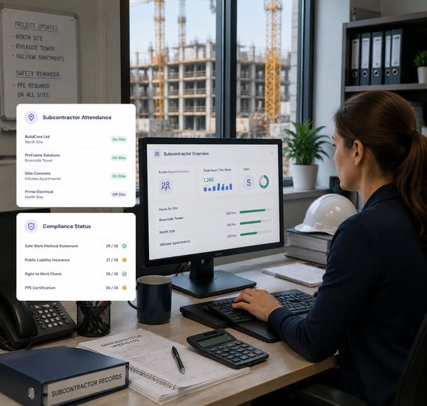 Female office manager reviewing subcontractor attendance and compliance dashboard at construction site office