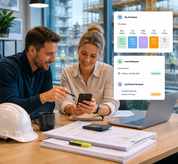 Construction site manager and colleague reviewing schedule and leave requests on smartphone in office