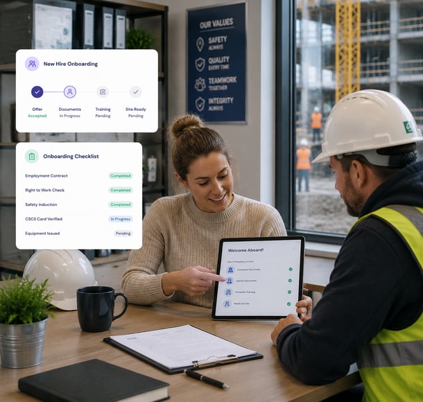 Female HR manager reviewing new hire onboarding checklist with construction worker using tablet on site.