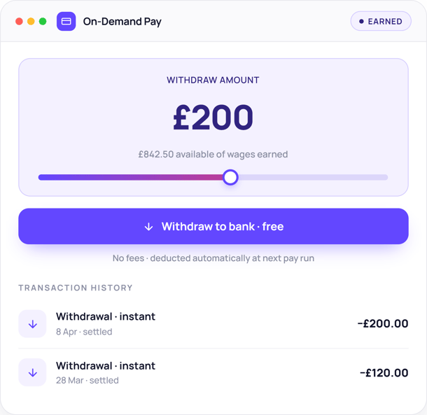 Financial wellbeing - on-demand-pay displaying withdraw ammount