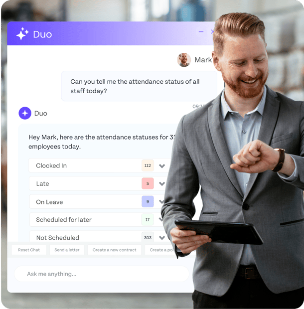 HR manager reviewing employee attendance data using the Duo AI assistant on a tablet