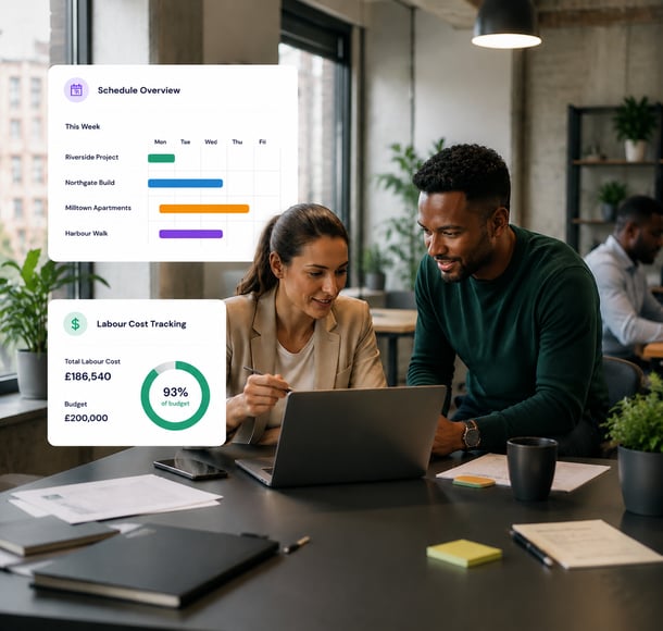 Two professionals reviewing schedule and labour cost tracking on laptop in office setting with project overview dashboard visible.