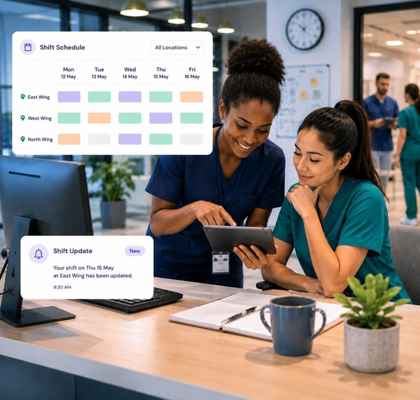 Shift schedule dashboard showing healthcare staff reviewing rota updates and shift notifications