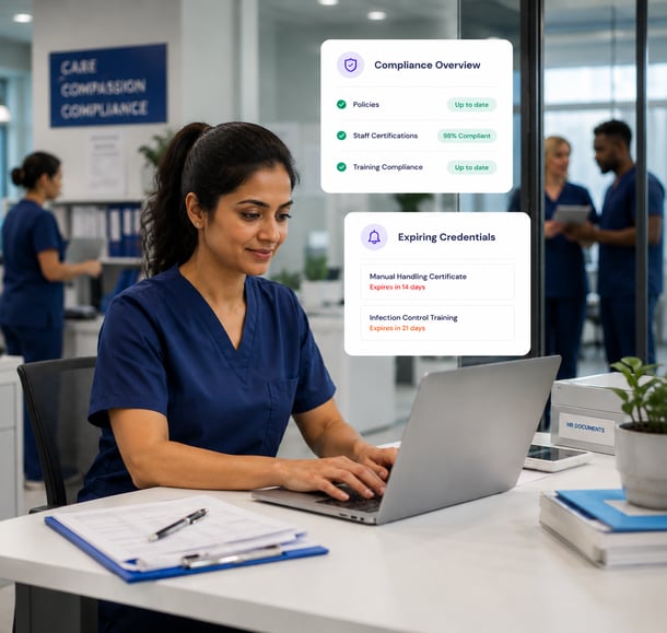 Healthcare compliance dashboard with nurse using laptop showing training compliance and expiring credentials alerts