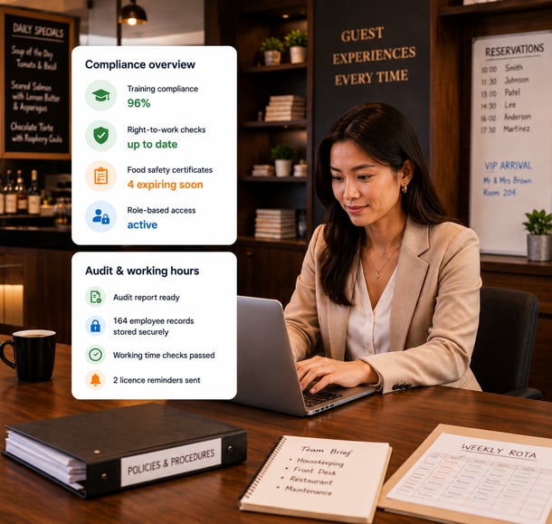 Compliance overview and audit dashboard with woman using laptop in hospitality setting