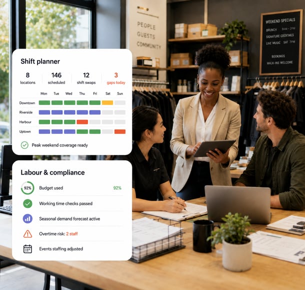 Shift planner dashboard showing manager reviewing schedules with team in restaurant workspace