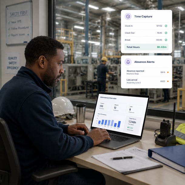 Factory worker reviewing attendance dashboard with time capture and absence alerts on laptop