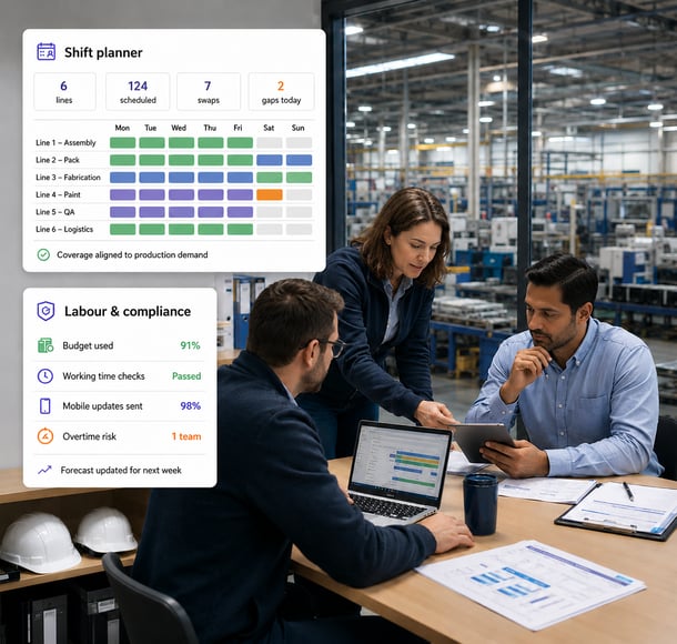 Manufacturing shift planner dashboard with team reviewing labour and compliance in factory setting