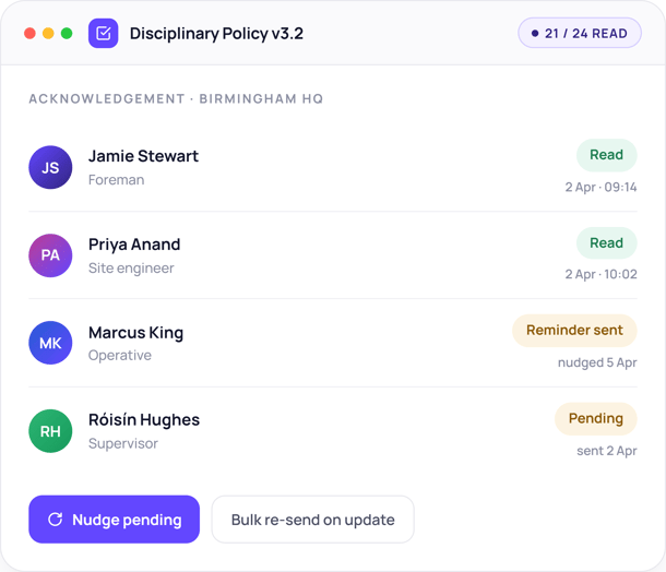 HR Policies - acknowledgement showing a Disciplinary policy v3.2