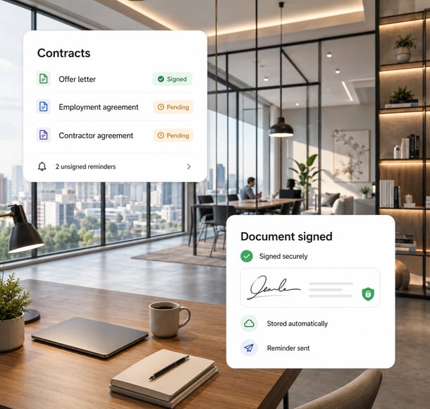Contracts dashboard showing agreements, signatures and document signing confirmation in modern office workspace