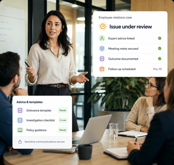 HR employee relations meeting with woman presenting issue under review dashboard interface