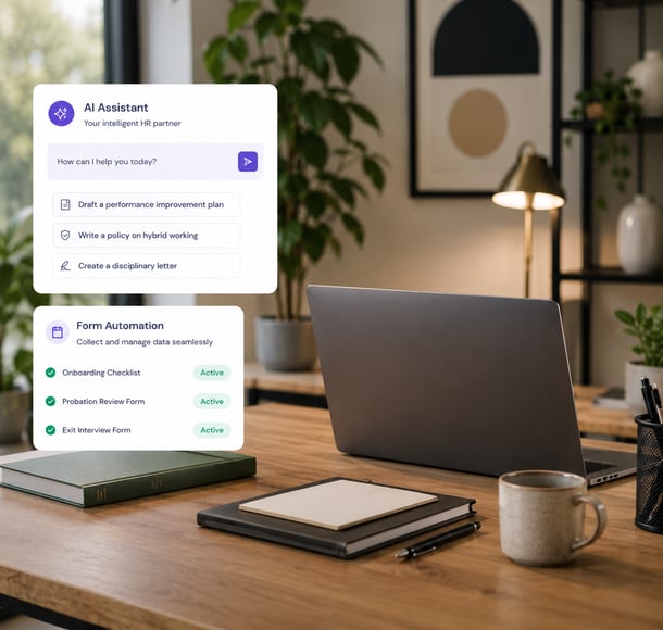 AI assistant and form automation dashboard on office desk with laptop