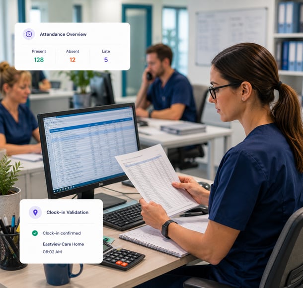 Healthcare attendance dashboard showing clock-in validation and nurse reviewing staff attendance records.