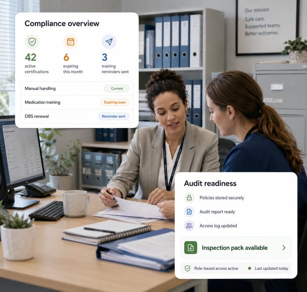 Compliance overview and audit readiness dashboard with staff reviewing documents