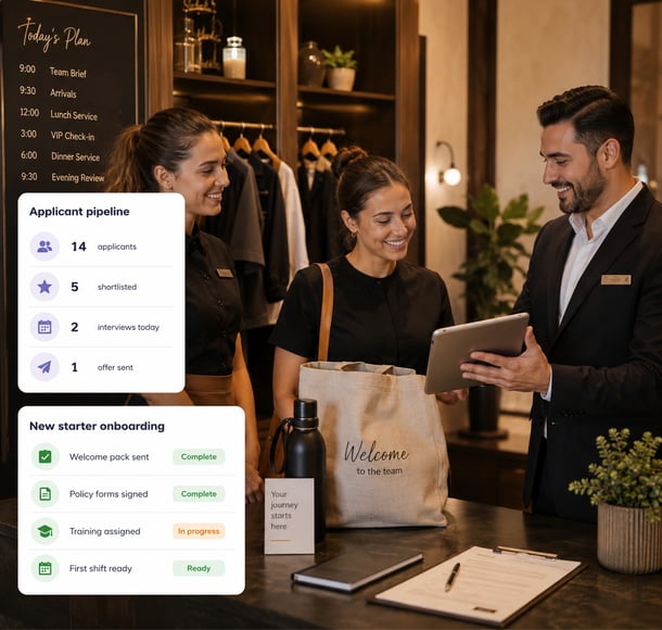 Applicant pipeline and onboarding dashboard with restaurant staff reviewing tablet during hiring process