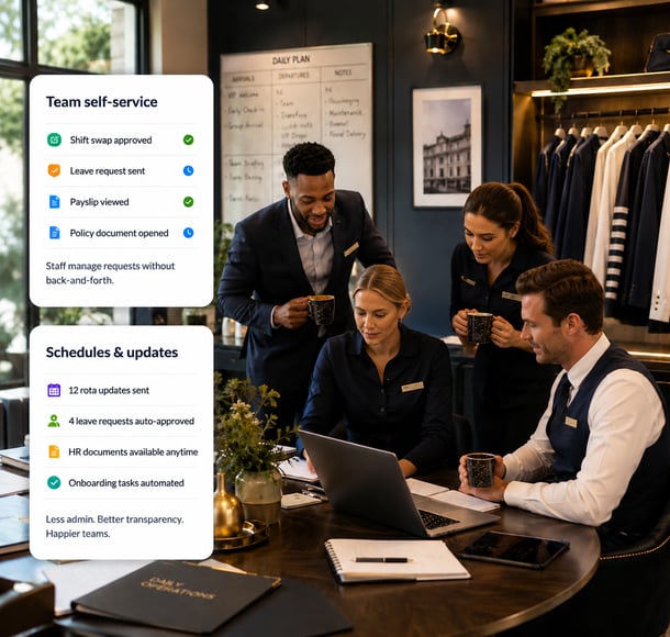 Hospitality team using team self-service dashboard for schedules and updates.