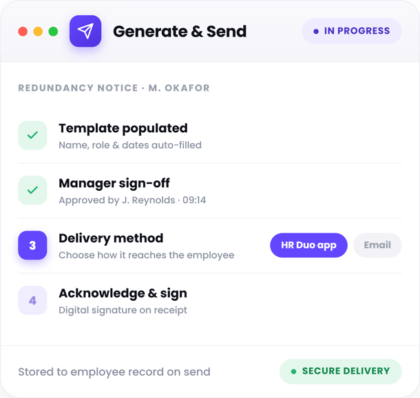 Letters and Documents - generate-deliver showing a redundancy notice for M. Okafor