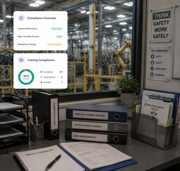 Factory compliance dashboard showing training status, safety records and industrial production floor.