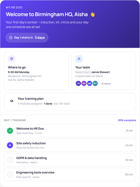 ON-employee-portal dashboard displaying onboarding schedule for Aisha Patel