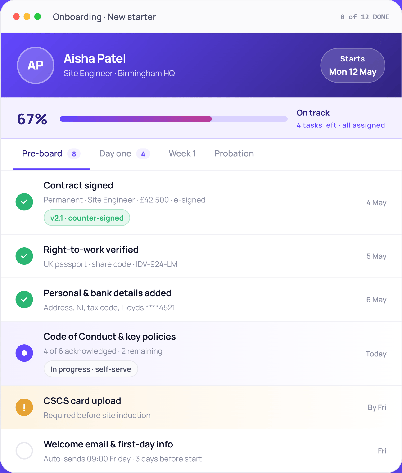 ON-onboarding-checklist displaying dashboard for a new starter Aisha Patel