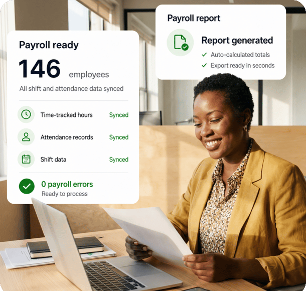 Payroll report dashboard showing synced payroll and report generation