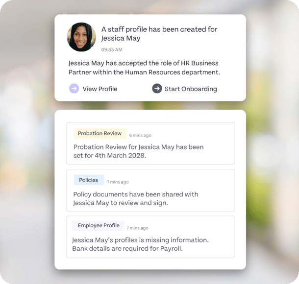 HR dashboard showing staff onboarding and compliance notifications for Jessica May