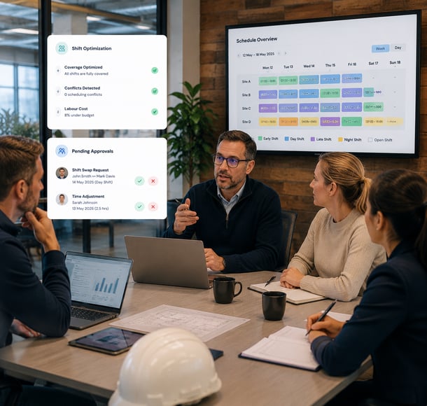 Construction project managers discussing shift optimization, approvals, and schedule planning in site meeting room.
