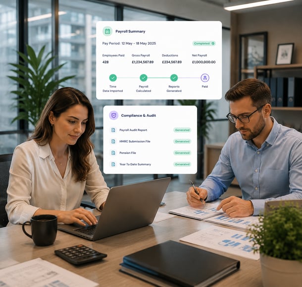 Two office colleagues reviewing payroll and compliance reports on a laptop during a finance and audit check-in meeting.