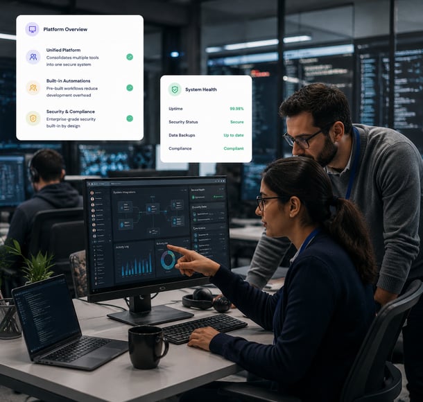 Engineers monitoring platform overview and system health dashboards in a modern office environment.
