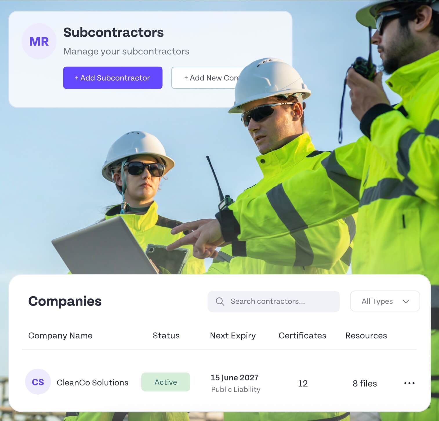 Construction workers on site with HR Duo subcontractor management dashboard