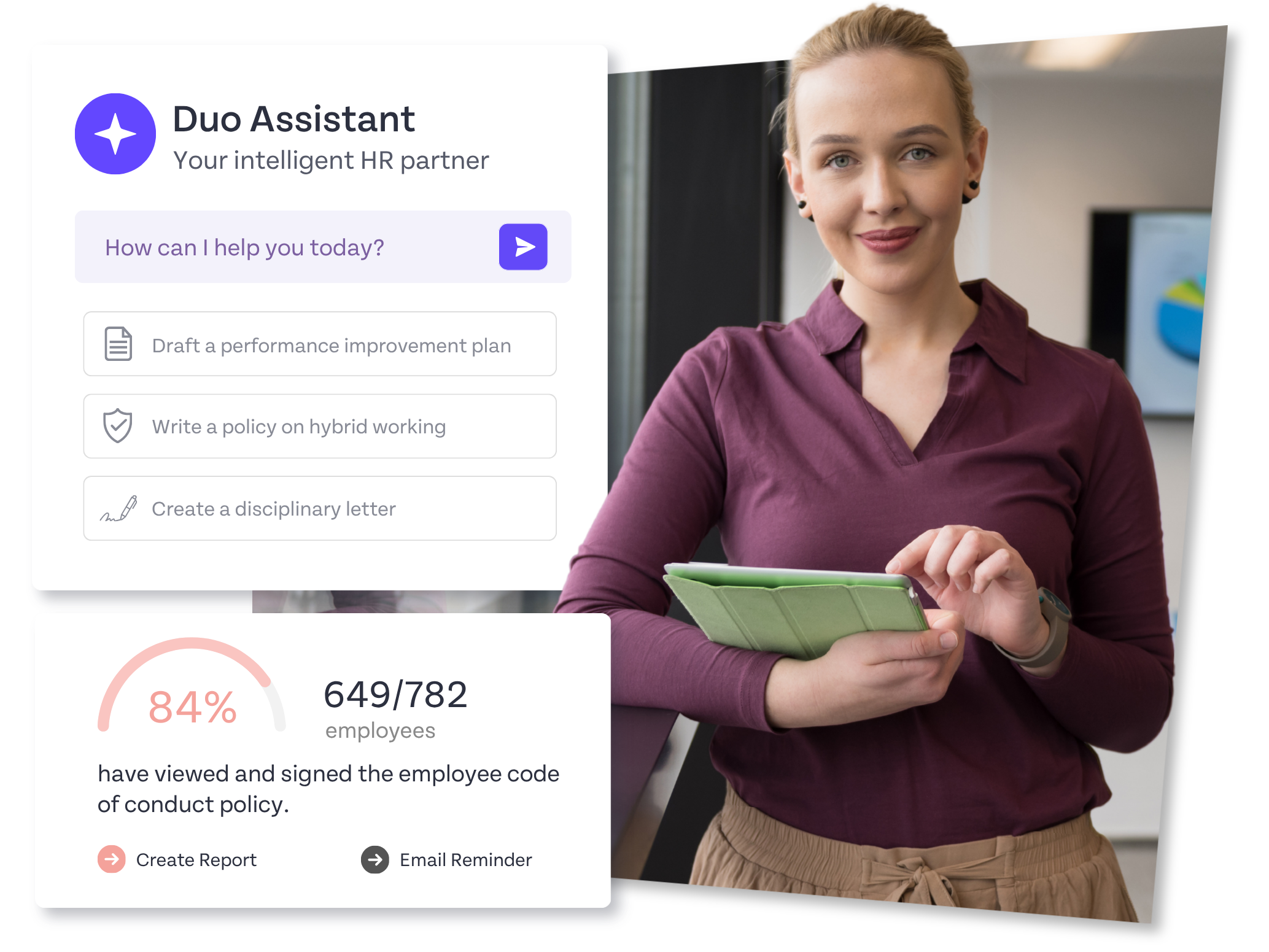 HR Duo Assistant dashboard showing AI chat interface, compliance tracking, woman holding tablet