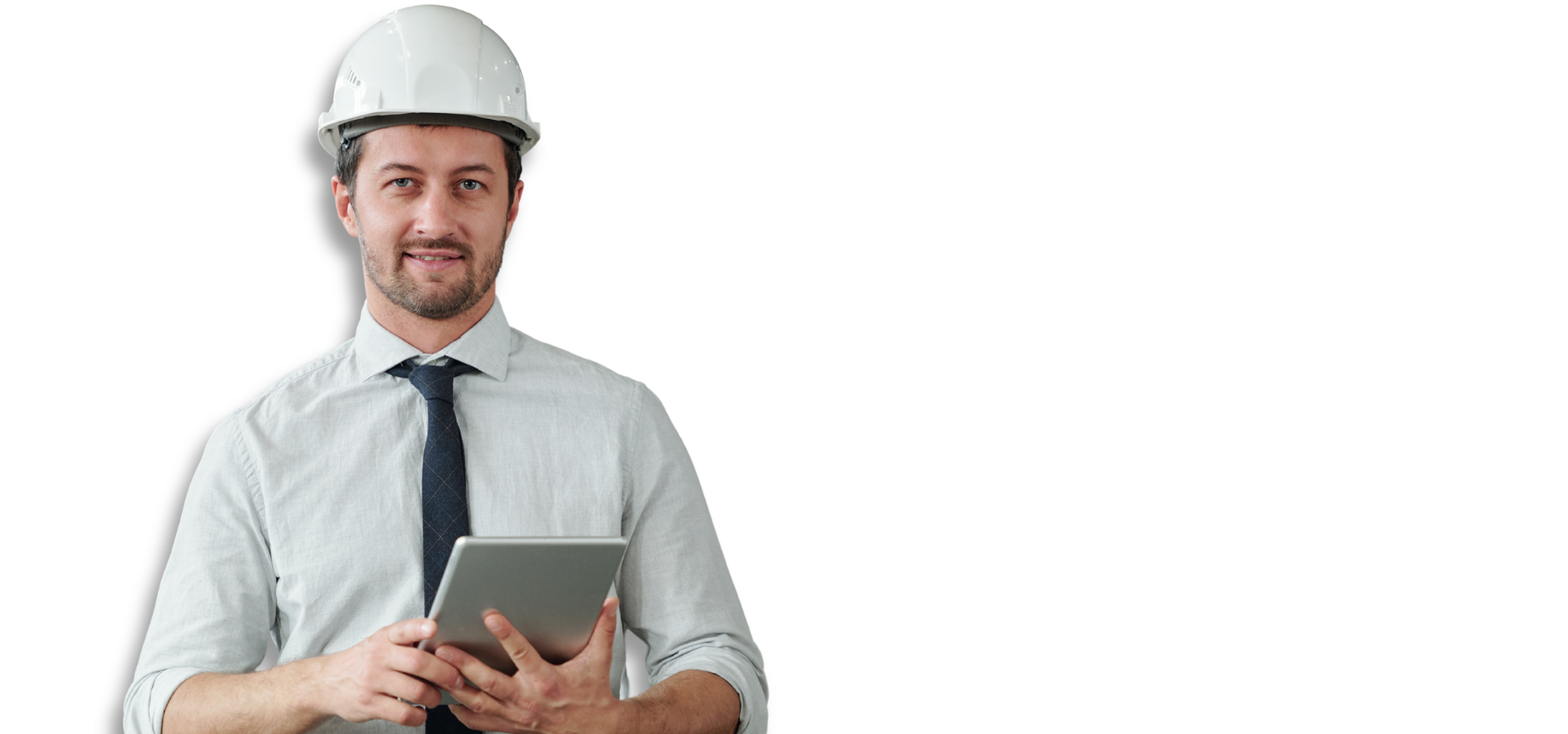 Manufacturing engineer holding tablet beside hero banner about workforce productivity and compliance automation messaging
