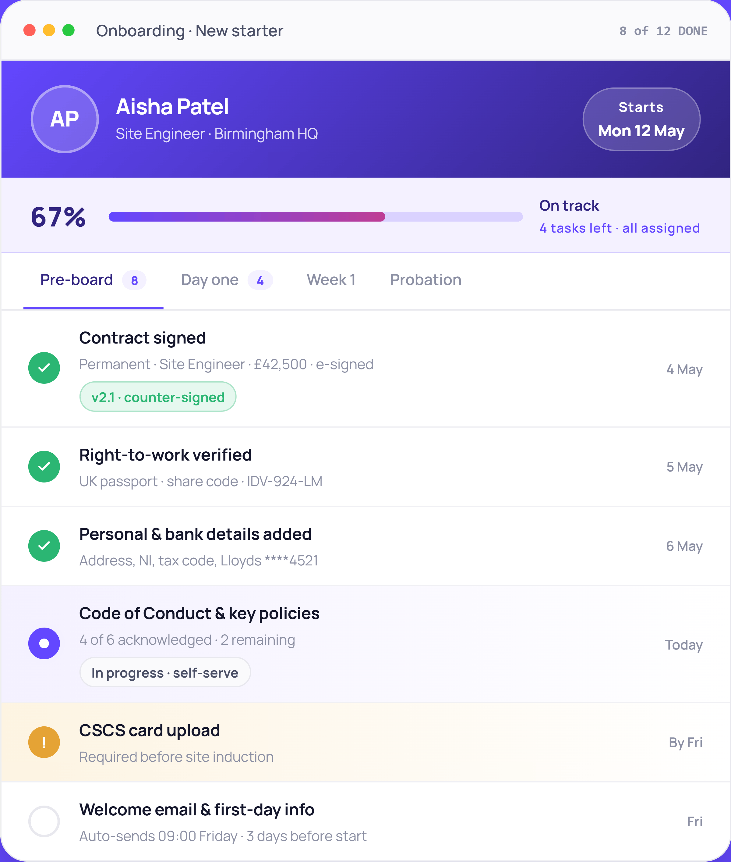 ON-onboarding-checklist displaying dashboard for a new starter Aisha Patel
