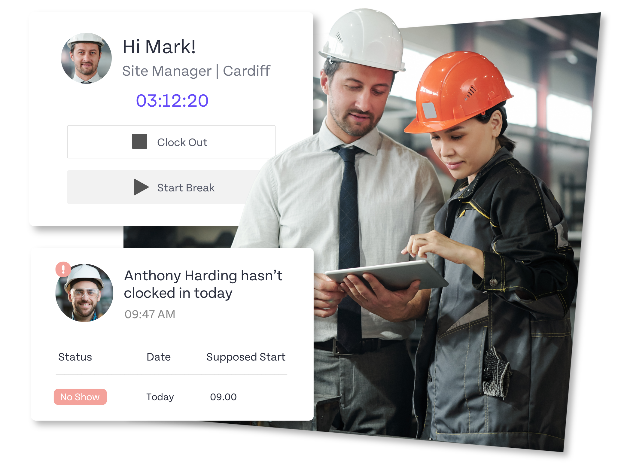 Workforce clock-in dashboard showing alerts and onsite workers using tablet