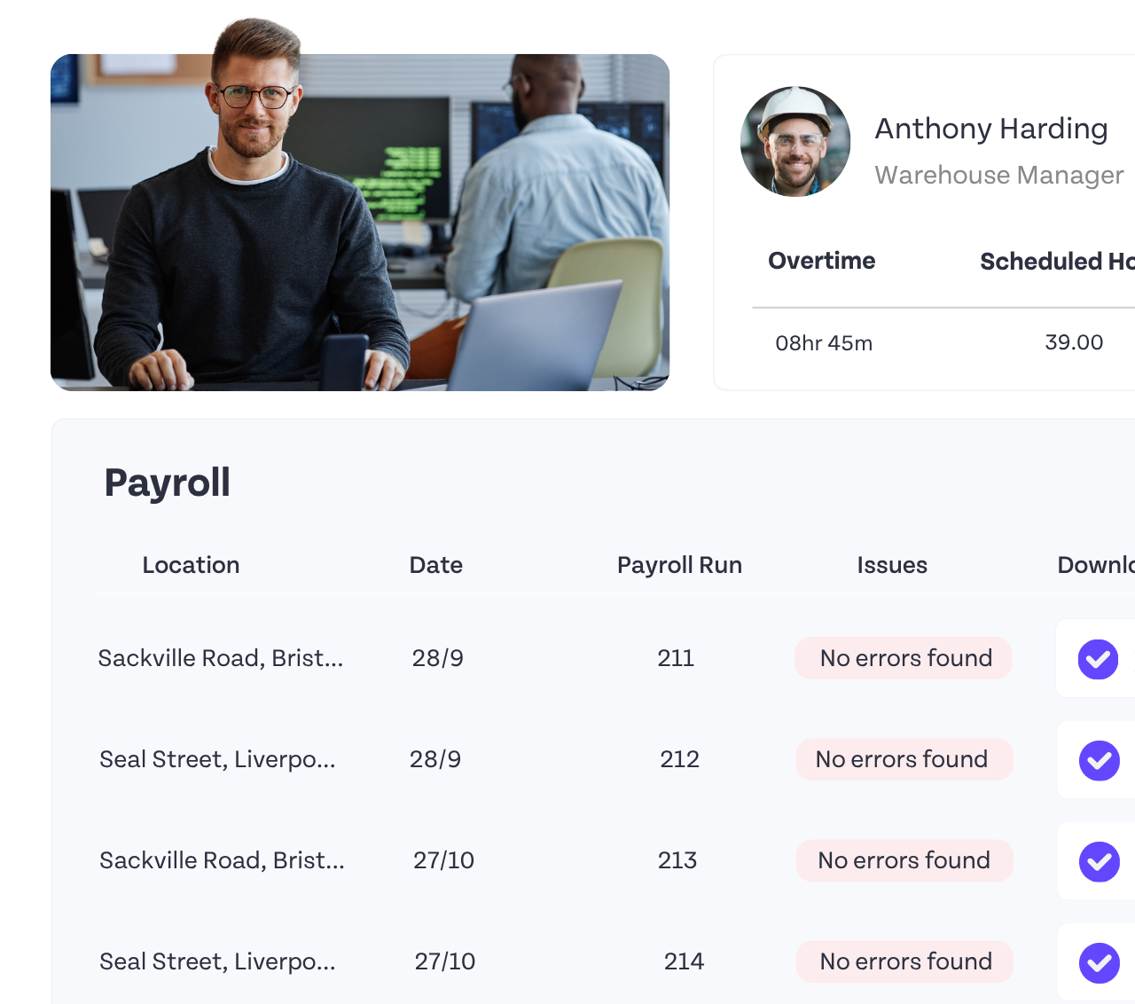 Payroll dashboard showing employee pay runs and error checks