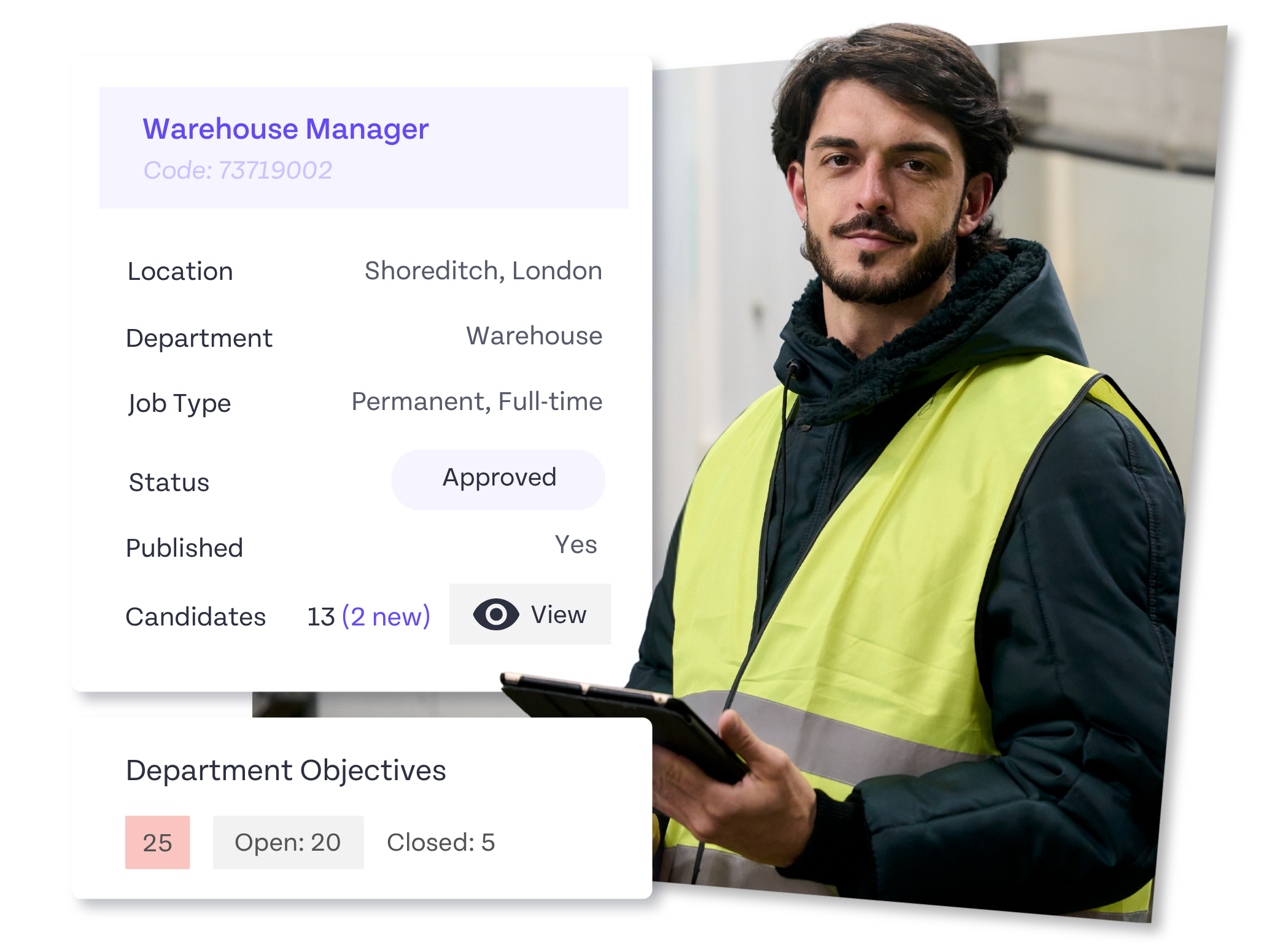 Warehouse manager profile dashboard with approved role and objectives, man in hi-vis holding tablet