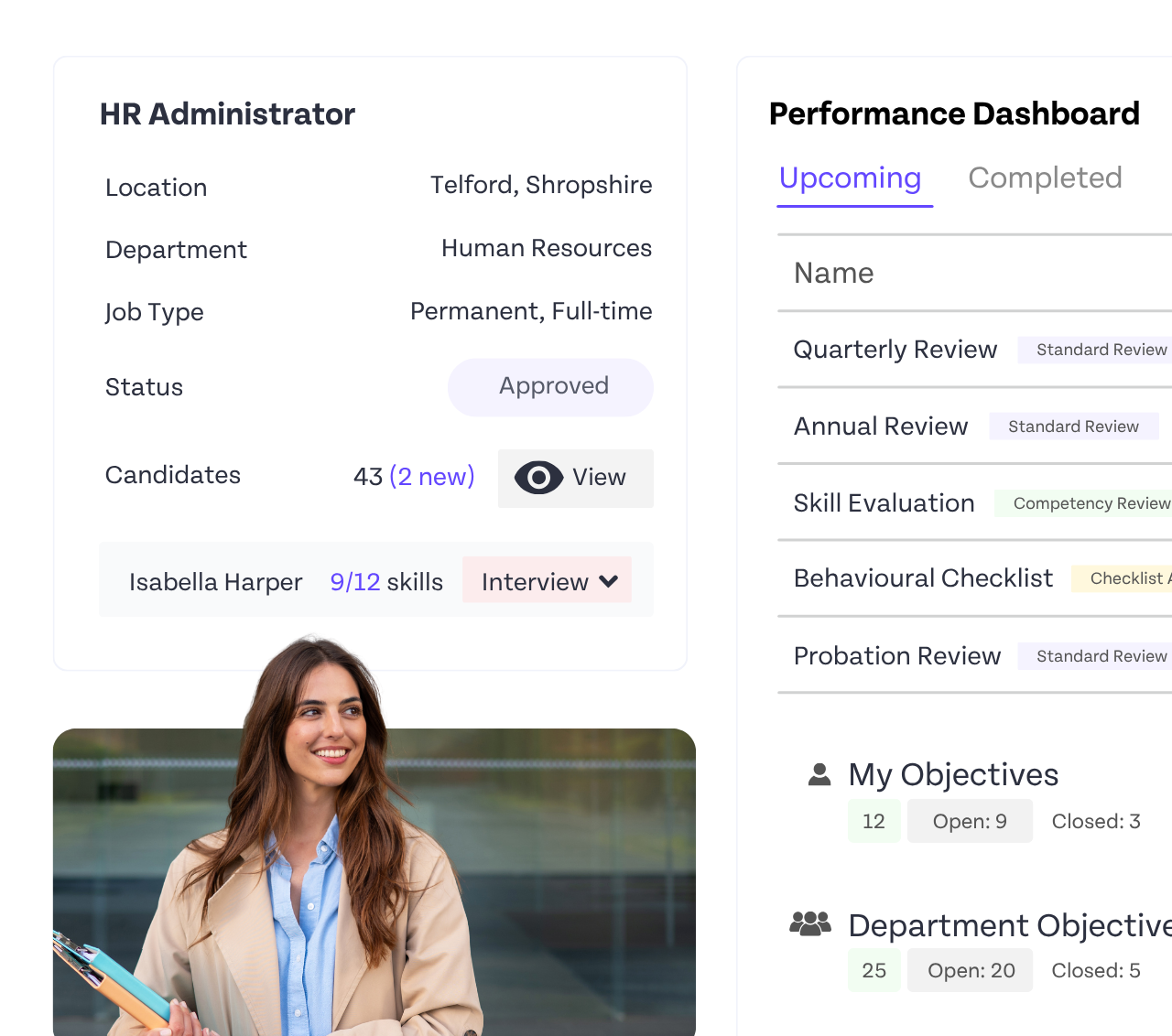 HR administrator and performance dashboard with objectives and reviews