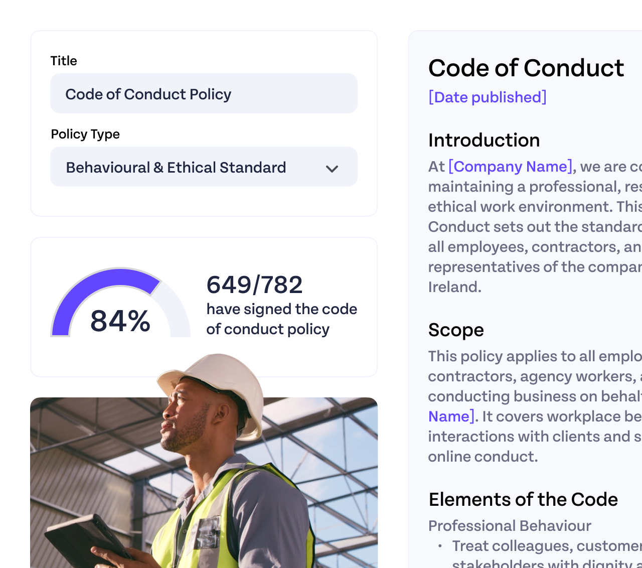 Dashboard showing HR code of conduct and compliance tracking